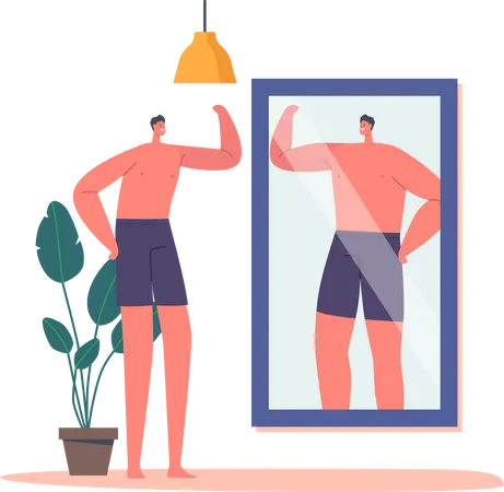 Skinny Man Look At Mirror Reflection And Dreaming To Be Strong  Illustration