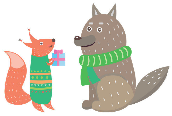 Small Animal Giving Gift to Another animal on Christmas  Illustration