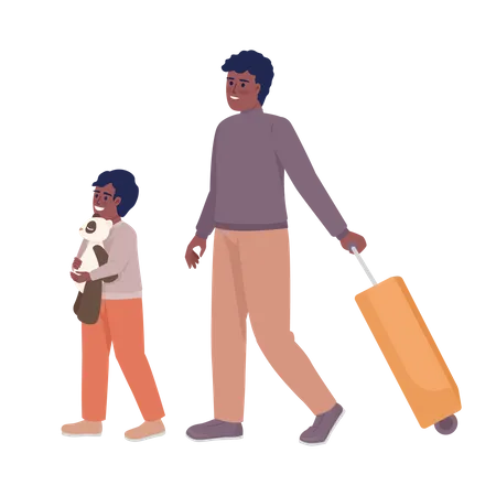 Small boy and father with valise going on plane  Illustration