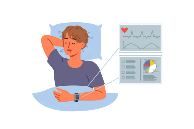 Smart bracelet on hand of sleeping man monitors heartbeat and sleep quality indicators  Illustration