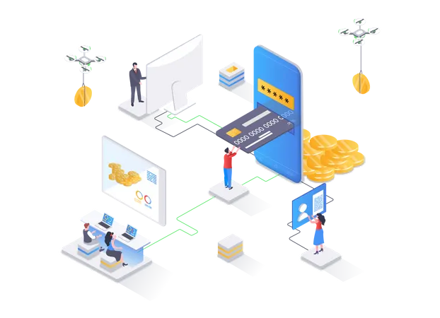 Aplicativo de finanças inteligentes, transações monetárias e pagamentos  Ilustração