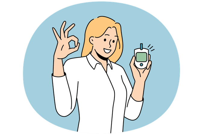 Smiling woman holding blood test monitor showing ok gesture  イラスト