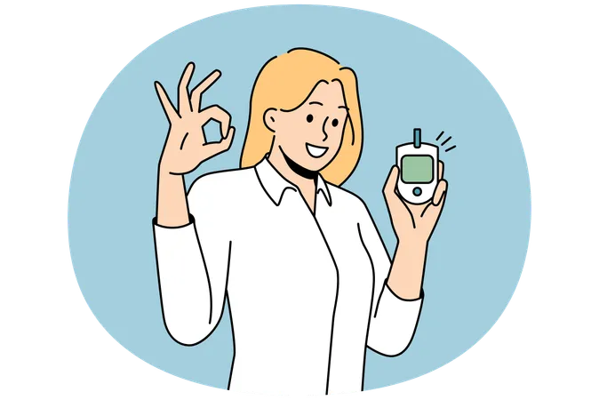 Smiling woman holding blood test monitor showing ok gesture  イラスト