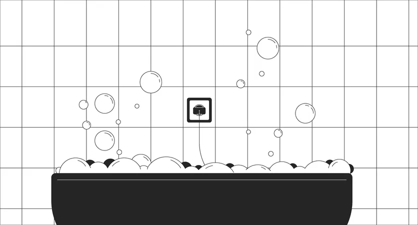 Socket over bathtub full of foamy water black and white line illustration  Illustration