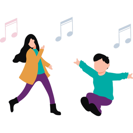 Son and mother are enjoying music  イラスト