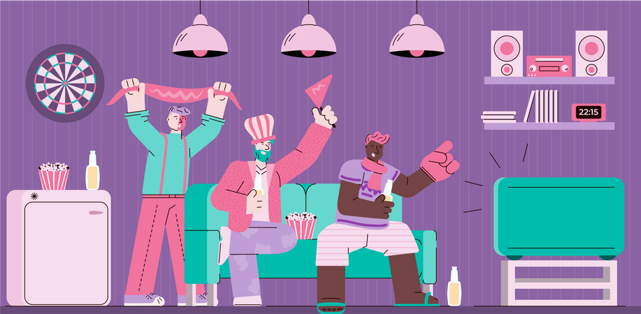 Sport fans watching TV on sofa  Illustration