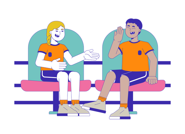 Sportswear diverse kids talking at stadium seats  Illustration