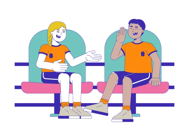 Sportswear diverse kids talking at stadium seats  Illustration