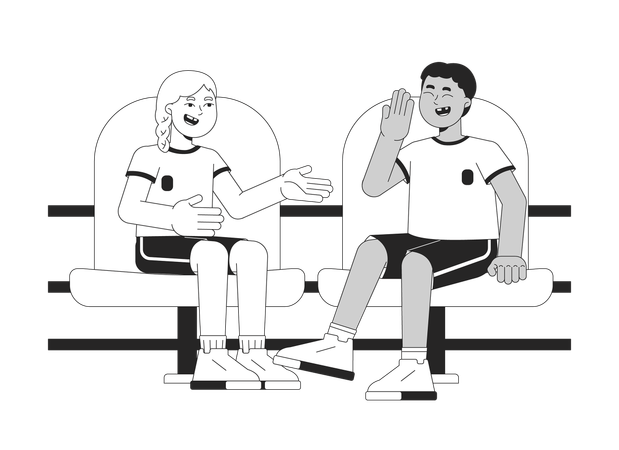 Sportswear diverse kids talking at stadium seats  Illustration