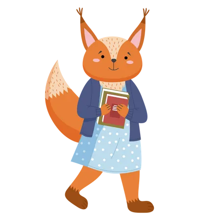 Squirrel schoolgirl with stack of books  Illustration