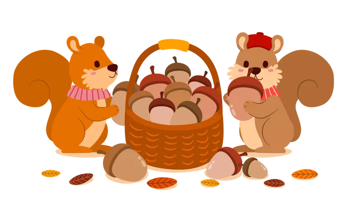 Squirrels collecting acorns into a basket  Illustration