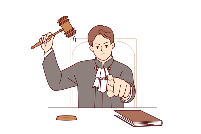 Stern judge man pronounces verdict and points finger at screen after hitting gavel  Illustration