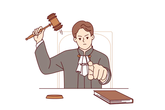 Stern judge man pronounces verdict and points finger at screen after hitting gavel  Illustration