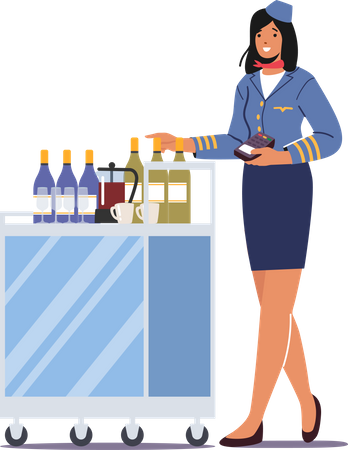 Stewardess push trolley with drinks  Illustration