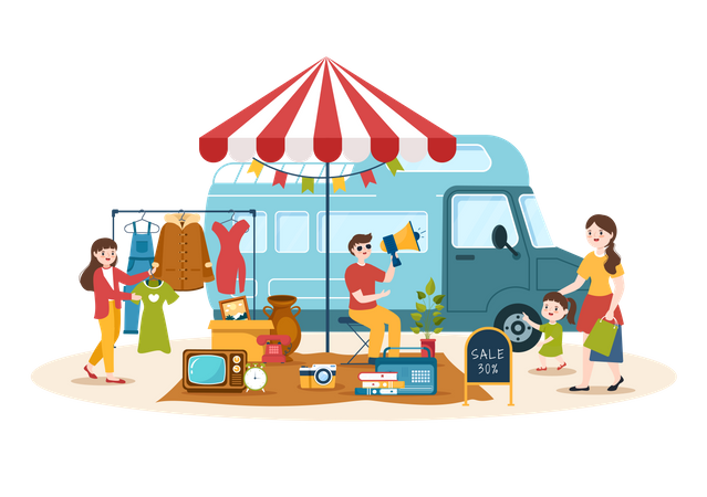 Store owner marketing things at flea market  Illustration