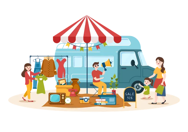 Store owner marketing things at flea market  Illustration