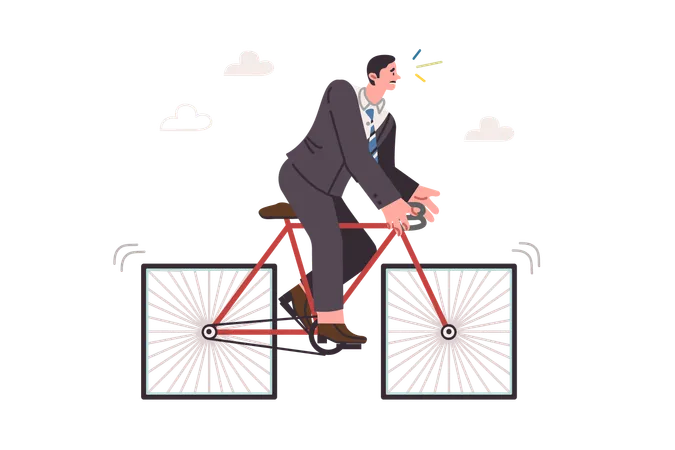 Strange business man on bicycle with square wheels standing still due to incorrectly equipment  Illustration