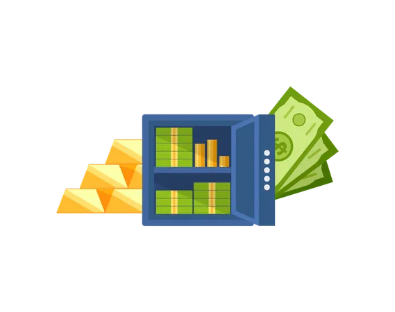 Strongbox Banknotes and Coins  Illustration