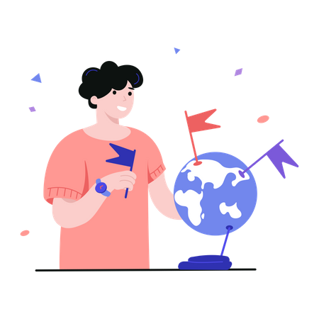 Student studying geography on a globe  일러스트레이션