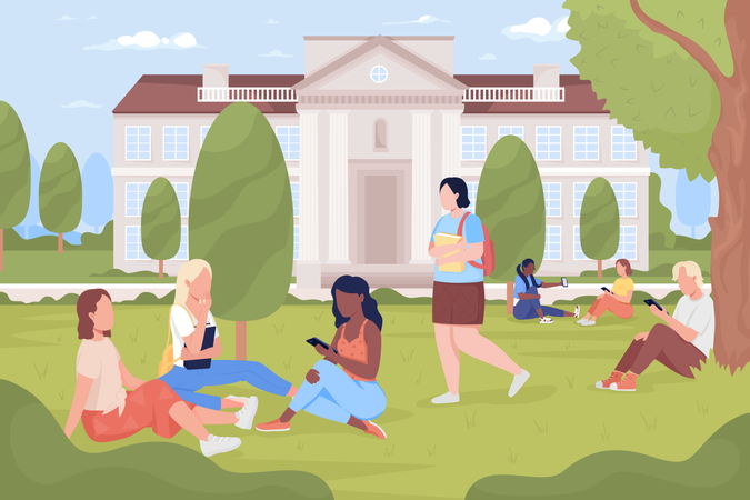 Students resting in university park  イラスト