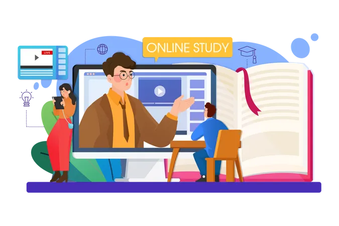 Students studying online  일러스트레이션