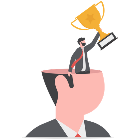 Success businessman holding winning trophy standing in his mindset head  Illustration