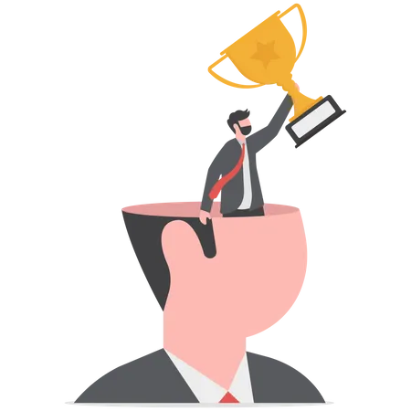 Success businessman holding winning trophy standing in his mindset head  Illustration