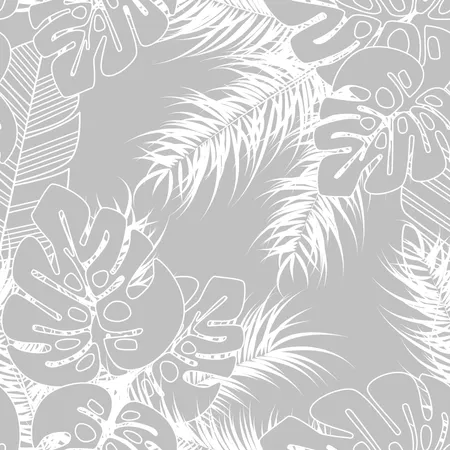 Summer seamless tropical pattern with monstera palm leaves and plants on gray background  Illustration