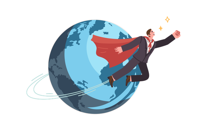 Super businessman in hero cape flies around planet saving companies from bankruptcy  Illustration