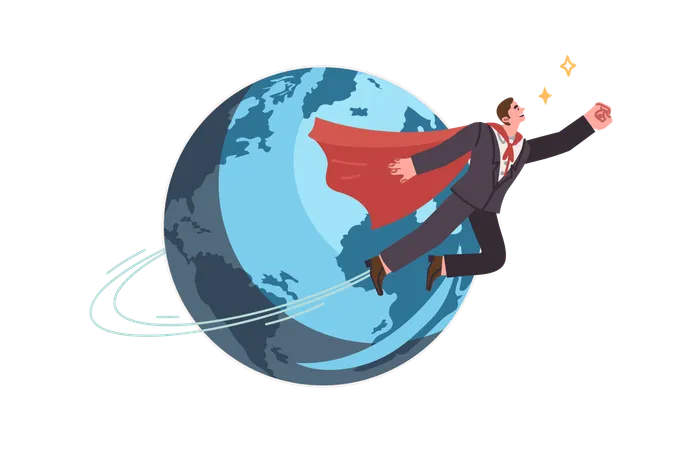 Super businessman in hero cape flies around planet saving companies from bankruptcy  Illustration