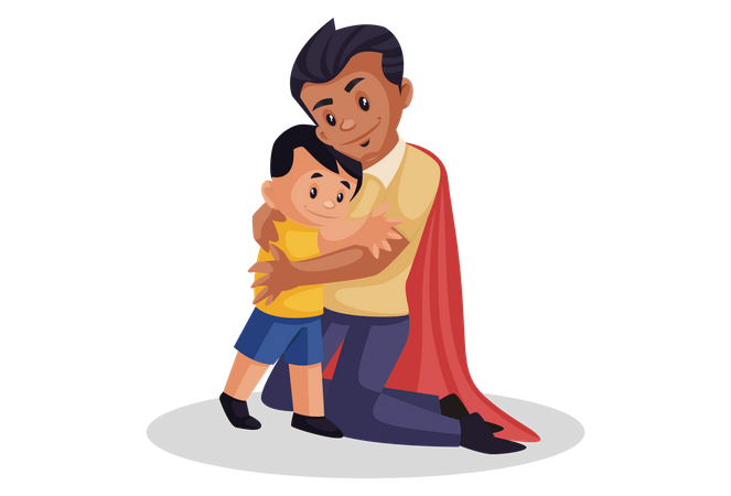 Super dad is hugging his son  Illustration