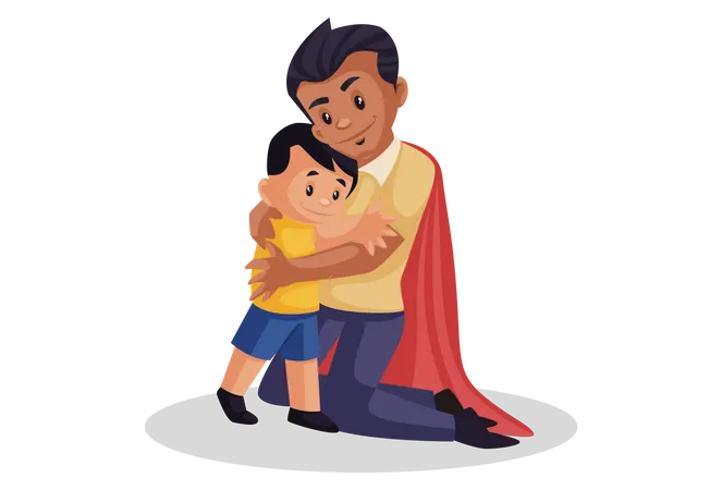 Super dad is hugging his son  Illustration