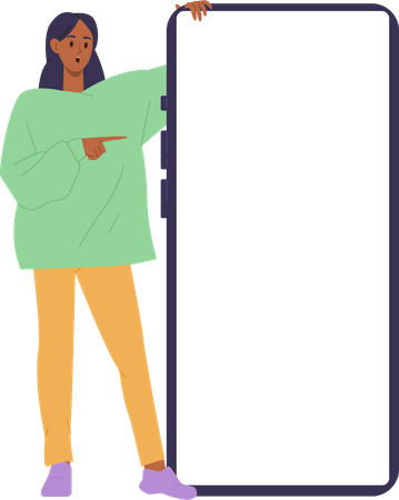 Surprised happy woman presenter character pointing at white screen of large mobile phone mockup  イラスト