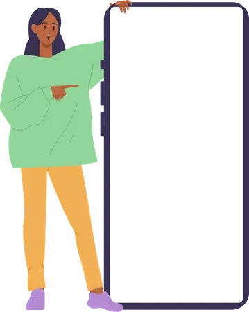 Surprised happy woman presenter character pointing at white screen of large mobile phone mockup  イラスト