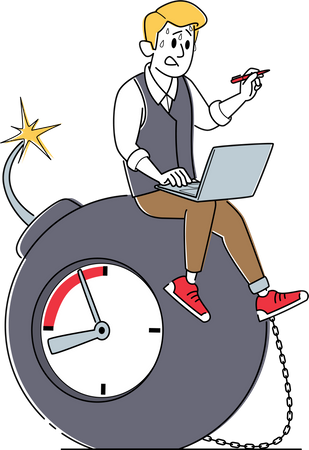 Sweating Businessman Sitting on Bomb with Burning Fuse and Ticking Clock  イラスト