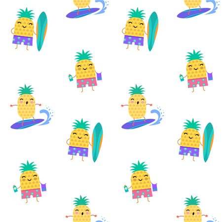 Sweet summer seamless pattern - cute pineapples characters surfing  일러스트레이션