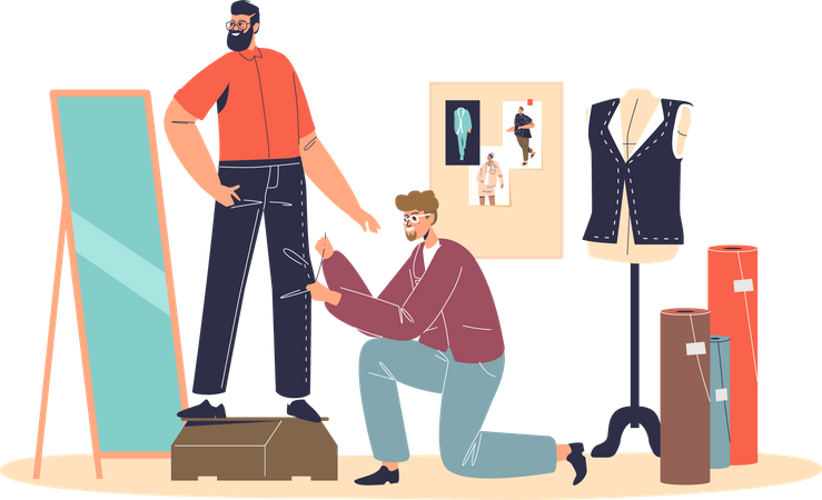 Tailor sewing pants on client  イラスト