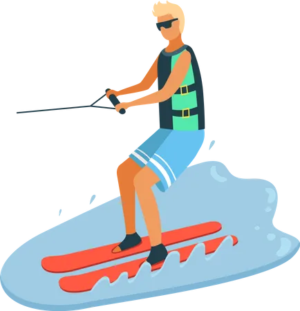 Tanned Boy enjoying Water Skiing  일러스트레이션