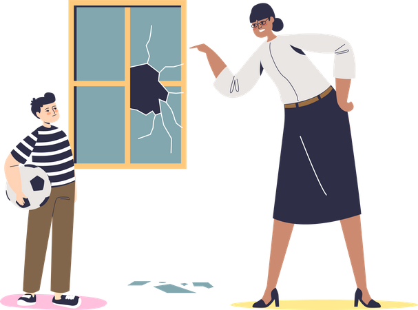 Teacher scolding kid for broken window  イラスト