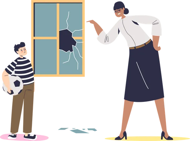 Teacher scolding kid for broken window  イラスト