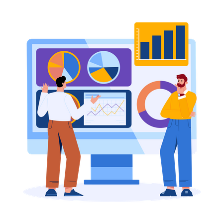 Team communicating about data analysis  Illustration