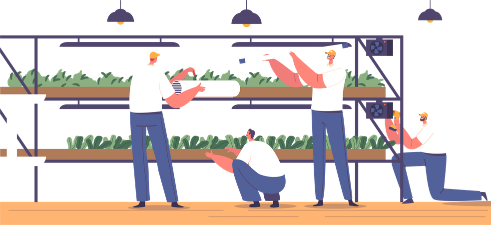 Team Construct and Assemble Microgreen Racks  Illustration