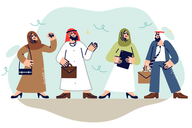 Team of arab business people in national clothes arrived for negotiations to discuss new contract  Illustration