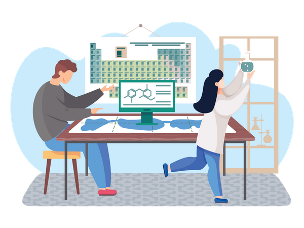 Team of scientist doing experiment using periodic table  Illustration