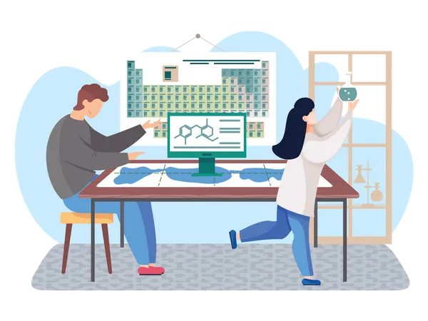 Team of scientist doing experiment using periodic table  Illustration