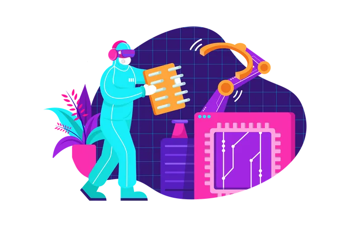 Technician in sterile coveralls is wearing virtual reality headsets at the semiconductor manufacturing plant  Illustration