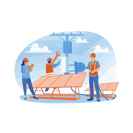 Technicians working on solar panel installation  Illustration