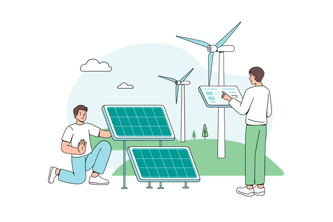 Technicien installant des éoliennes et des éoliennes  Illustration