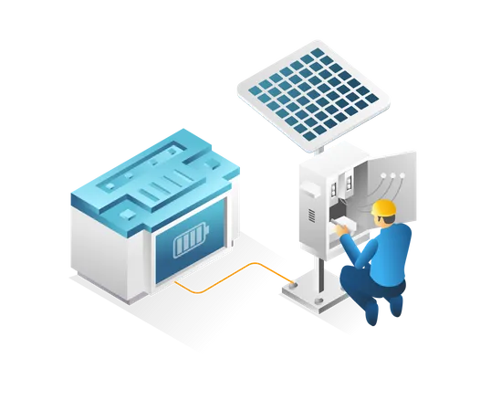 Technicien réparant la décharge de la batterie du panneau solaire  Illustration