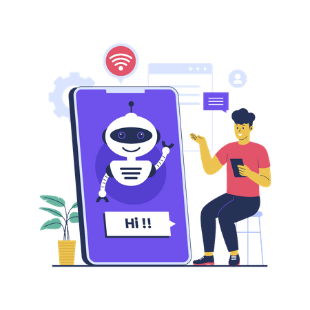 Homem usa tecnologia chatbot  Ilustração